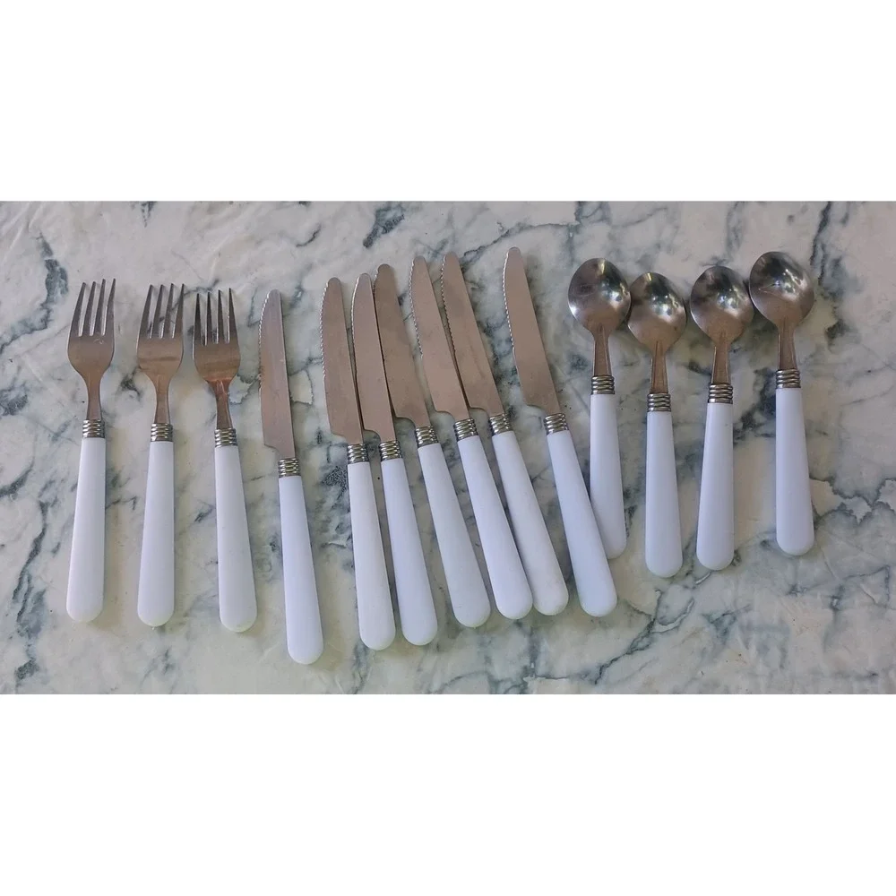Flatware Set White Handle Stainless Steel 14pc Mixed Utensils Replacement Set